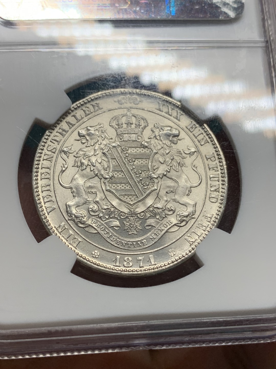 《竞宝斋》第147场-周日，周一 2场 (全场包邮) 高分收藏级！NGC-MS65 德国 1871B 萨克森双狮1泰勒银币 霜光冷峻 细节完美 十字转光 真正GEM级别