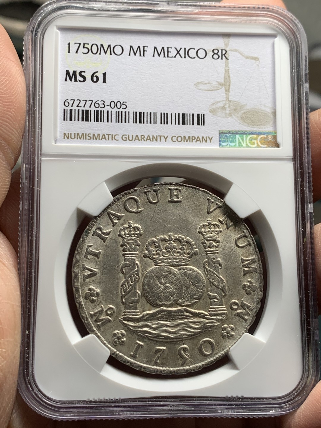 《竞宝斋》第147场-周日，周一 2场 (全场包邮) NGC-MS61 墨西哥 地球双柱 1750 8 里亚尔 原味高品 正反深打 不光分数够 状态也极好 比起1754的窖藏年份少很多