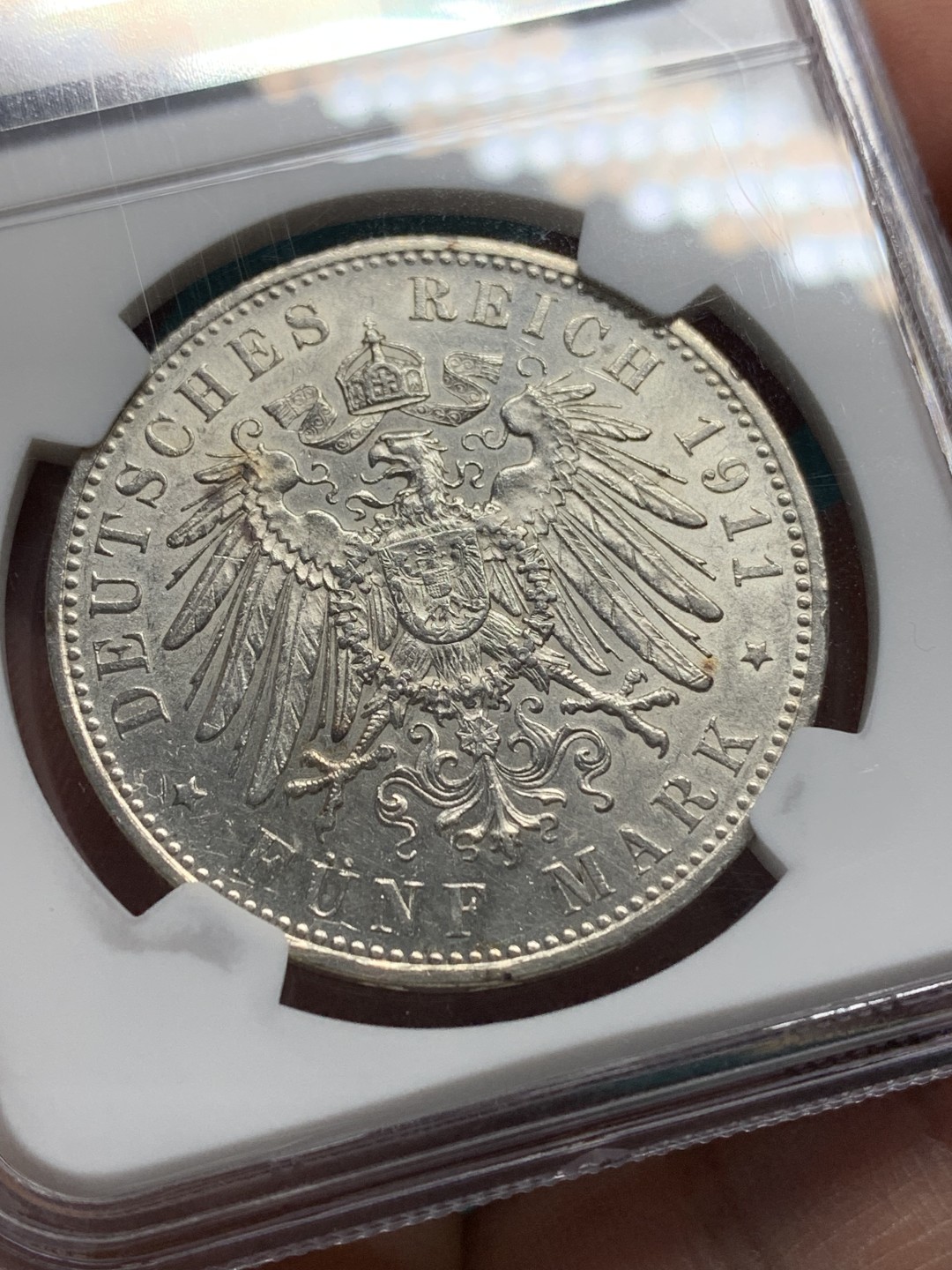 《竞宝斋》第147场-周日，周一 2场 (全场包邮) NGC-MS60 德国 1911年 5马克 银币 巴伐利亚 摄政王90大寿纪念大银币 少见分数