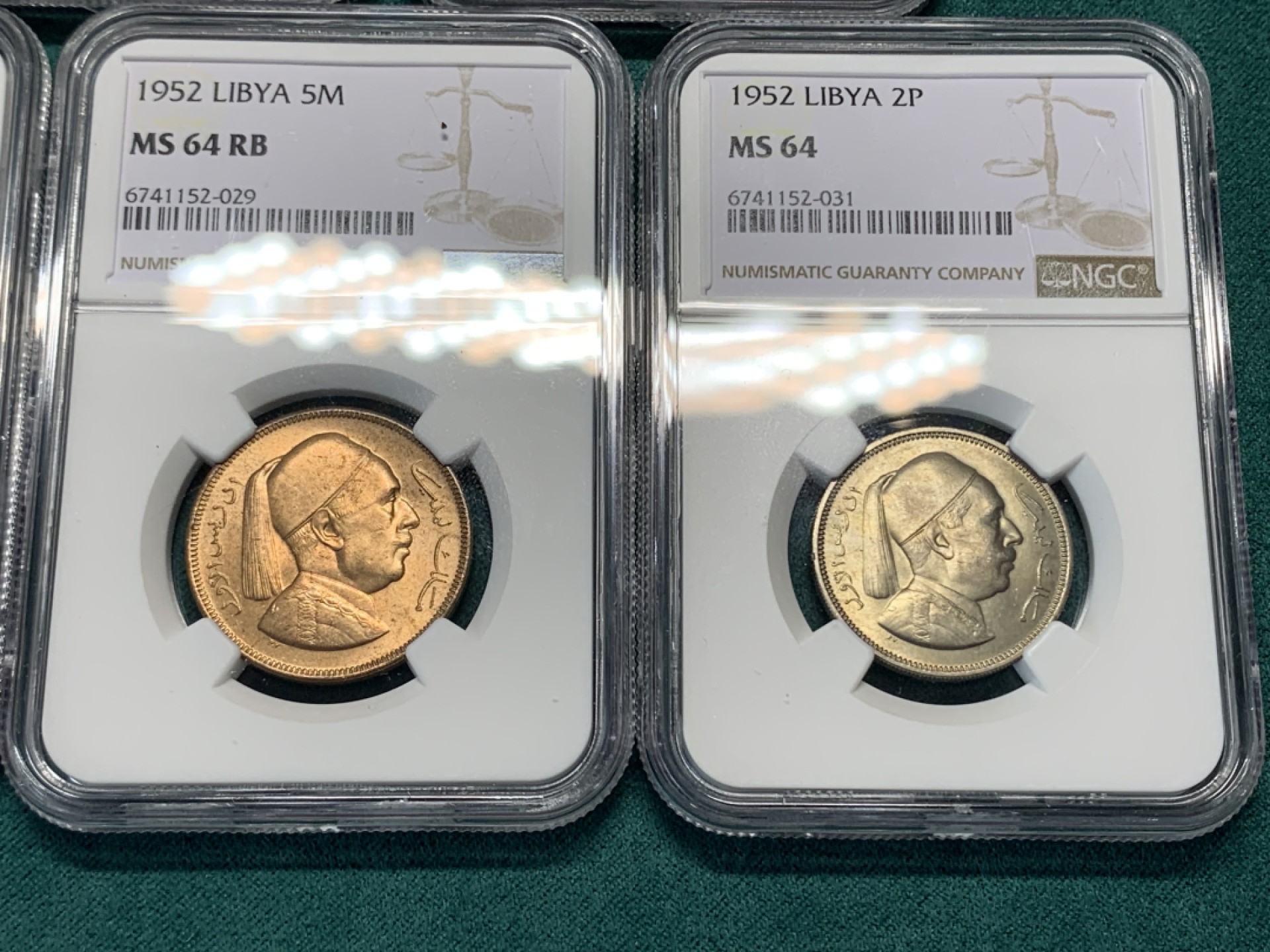 《竞宝斋》第147场-周日，周一 2场 (全场包邮) NGC MS64/65/65/64/64利比亚1952年伊德里斯一世清年版这个分数不用再换了可以压箱底了铜币铜光饱满镍币车轮光明显凑齐一套不容易