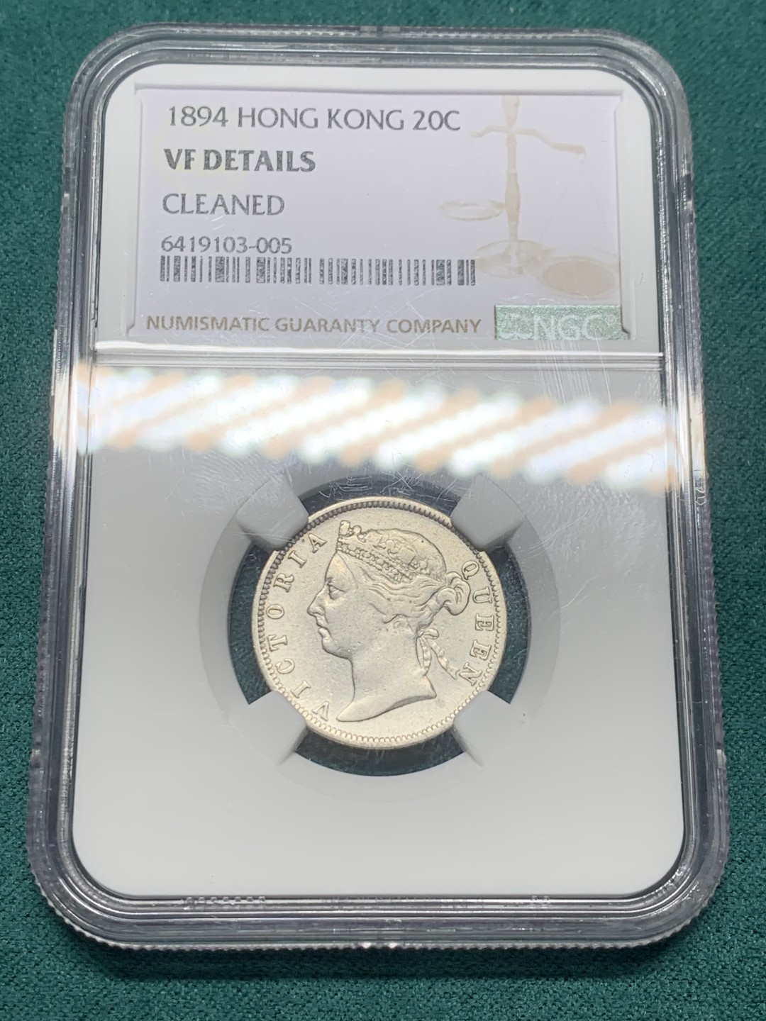 《竞宝斋》第147场-周日，周一 2场 (全场包邮) NGC VF 香港 1894年 维多利 20分银币