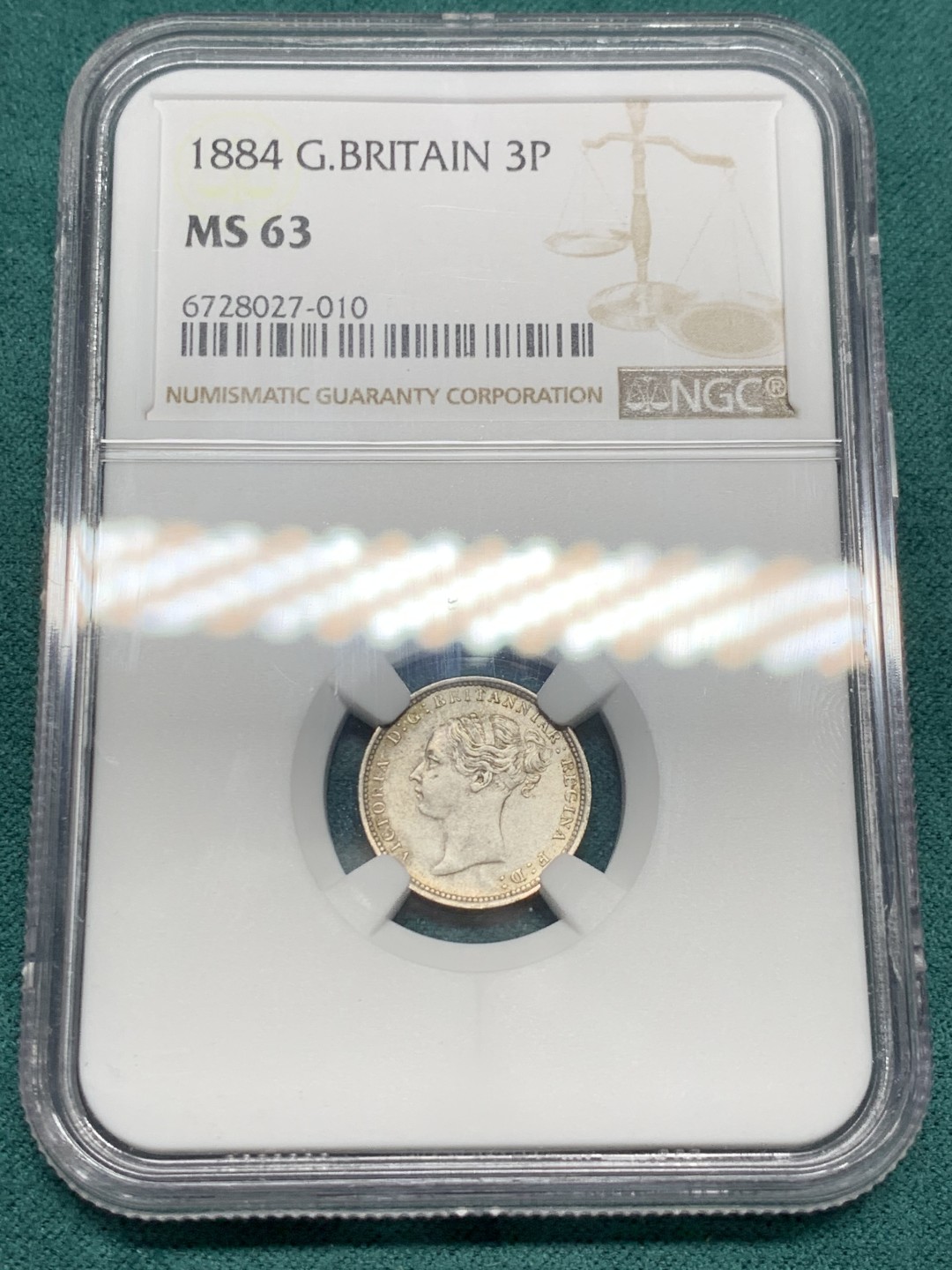 《竞宝斋》第147场-周日，周一 2场 (全场包邮) NGC MS 63 1884年英国小维3便士银币 五彩包浆状态好