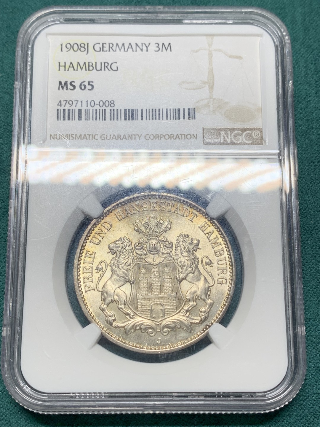 《竞宝斋》第147场-周日，周一 2场 (全场包邮) NGC-MS65 德国 1908年 汉堡3马克银币 顶级高分 转光美丽 一步到位