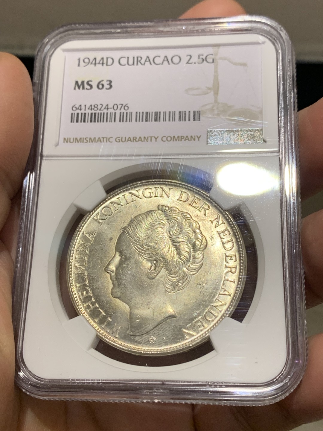 《竞宝斋》第147场-周日，周一 2场 (全场包邮) NGC-MS63 荷属库拉索群岛 1944年 威廉米娜女王2.5盾大银币 原光好品 殖民地系列