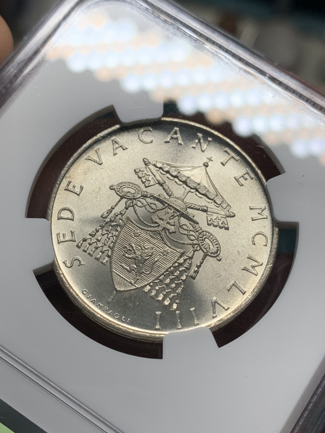 《竞宝斋》第147场-周日，周一 2场 (全场包邮) NGC-MS65 梵蒂冈1958年500里拉宗教缺位银币，高分品种