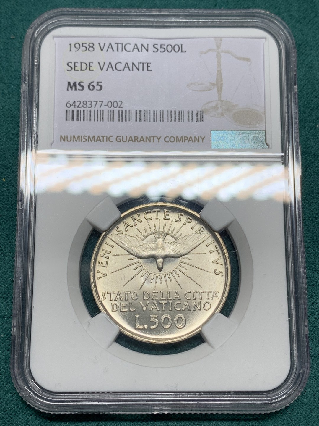 《竞宝斋》第147场-周日，周一 2场 (全场包邮) NGC-MS65 梵蒂冈1958年500里拉宗教缺位银币，高分品种