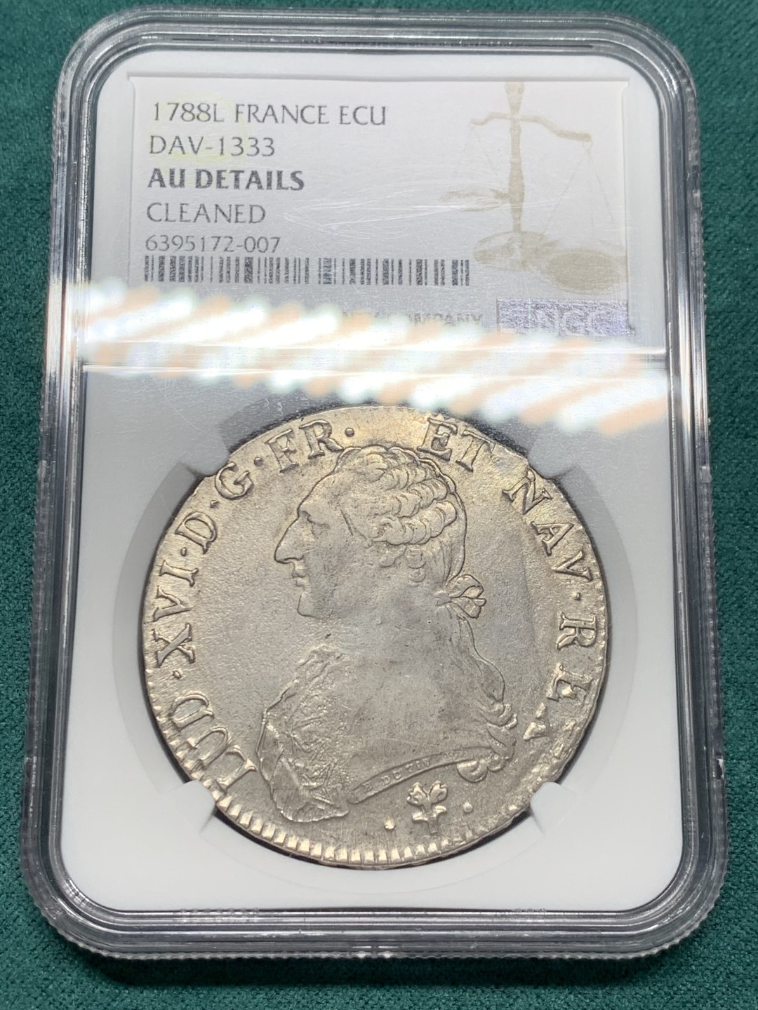 《竞宝斋》第147场-周日，周一 2场 (全场包邮) NGC-AU 法国 1788L巴约讷厂路易十六 1埃居银币 无减重痕 纹章花枝细节佳