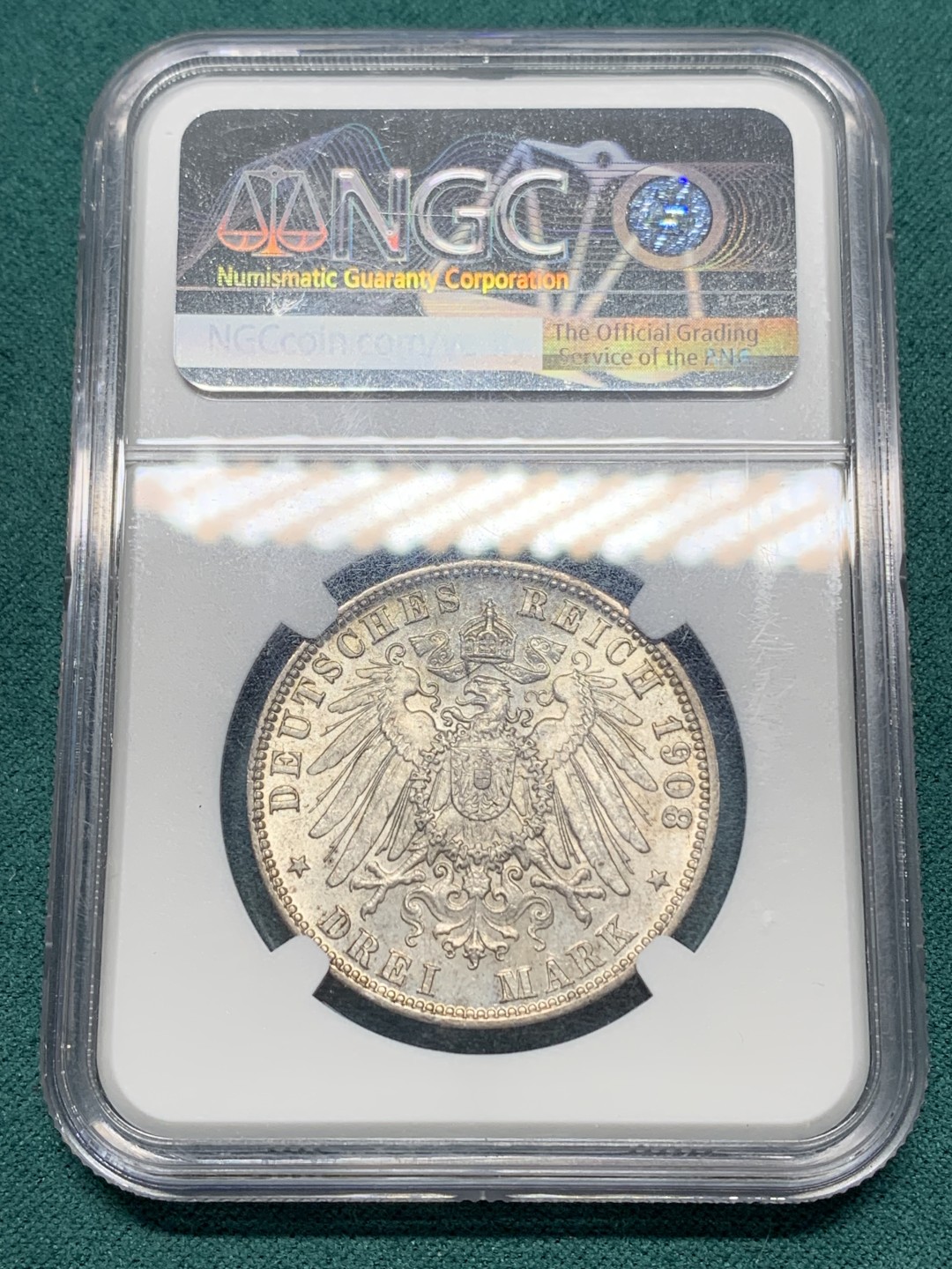 《竞宝斋》第147场-周日，周一 2场 (全场包邮) NGC-MS65 德国 1908年 汉堡3马克银币 顶级高分 转光美丽 一步到位