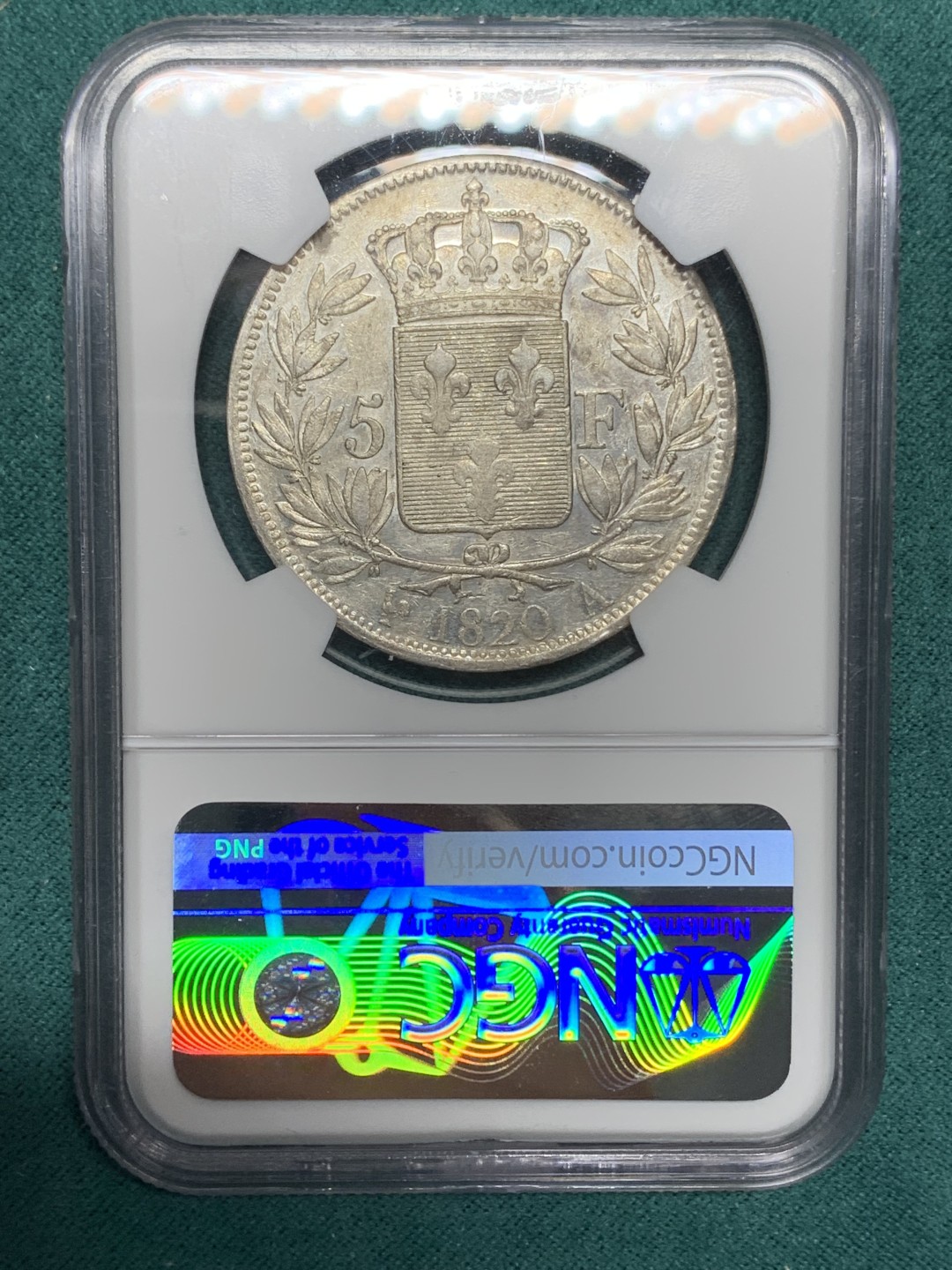 《竞宝斋》第147场-周日，周一 2场 (全场包邮) NGC XF45 法国 1820年 巴黎造币厂 路易十八 5法郎银币 细节好带底光