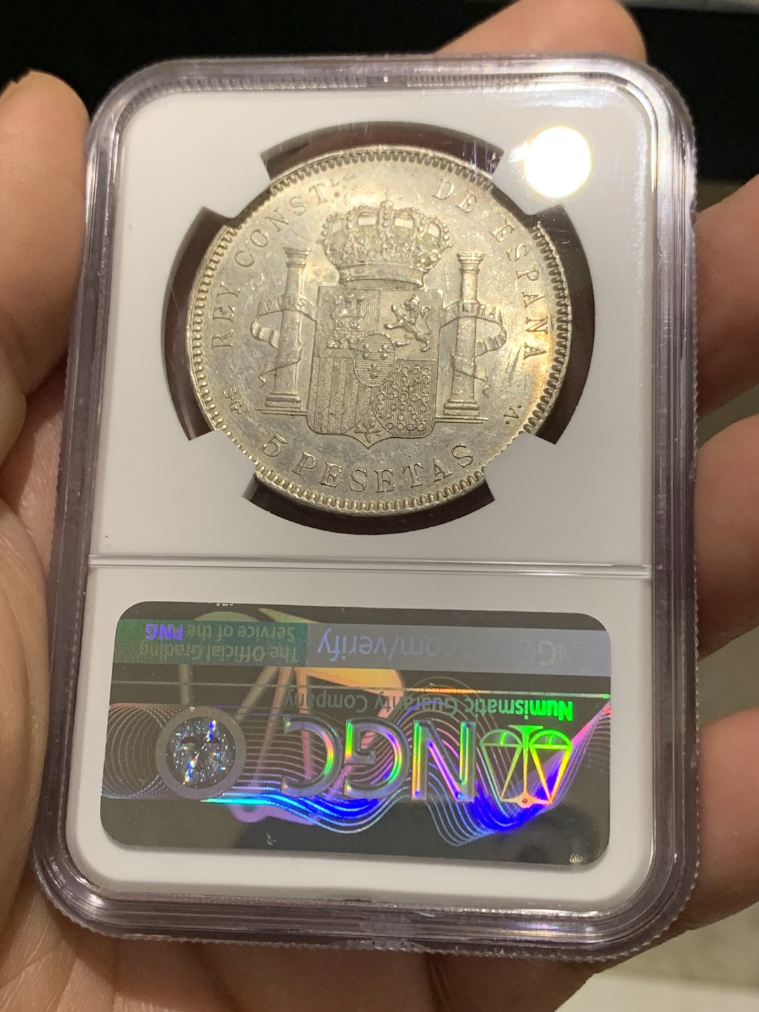 《竞宝斋》第147场-周日，周一 2场 (全场包邮) NGC-MS61 西班牙1899年 阿方索十三世5比塞塔 双柱大银币 原光带彩