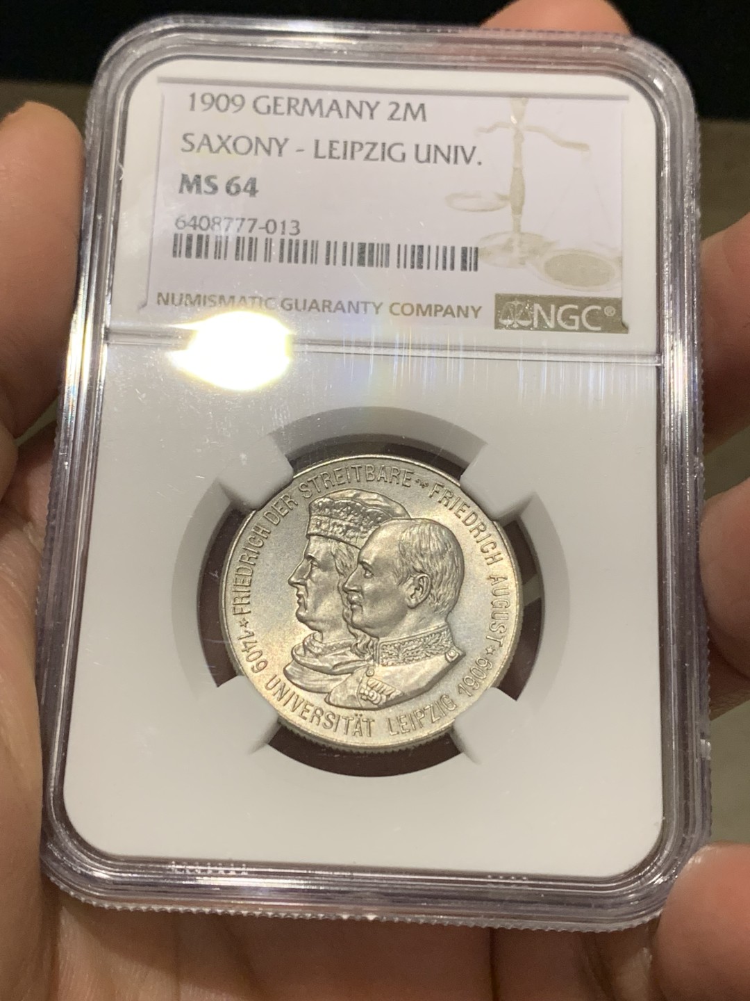 《竞宝斋》第147场-周日，周一 2场 (全场包邮) NGC-MS64 德国1909年 莱比锡大学2马克银币 顶级好品