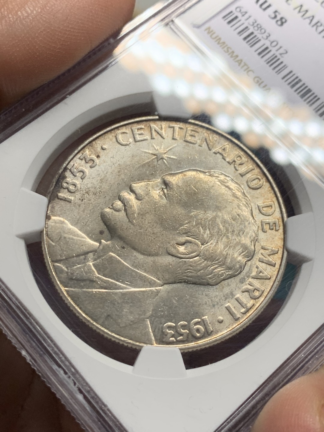 《竞宝斋》第147场-周日，周一 2场 (全场包邮) NGC-AU58 古巴1953年 马丁百年纪念 1比索大银币 原光好品