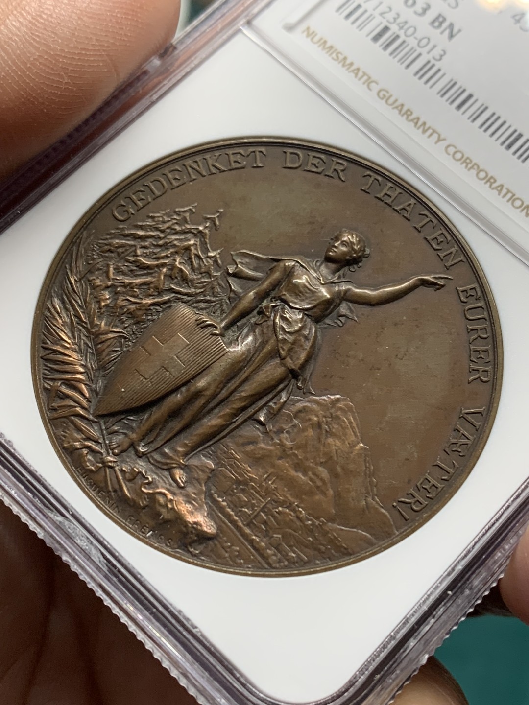 《竞宝斋》第147场-周日，周一 2场 (全场包邮) NGC MS63 1892年 瑞士格拉鲁斯射击节铜章 45mm直径 细节非常好