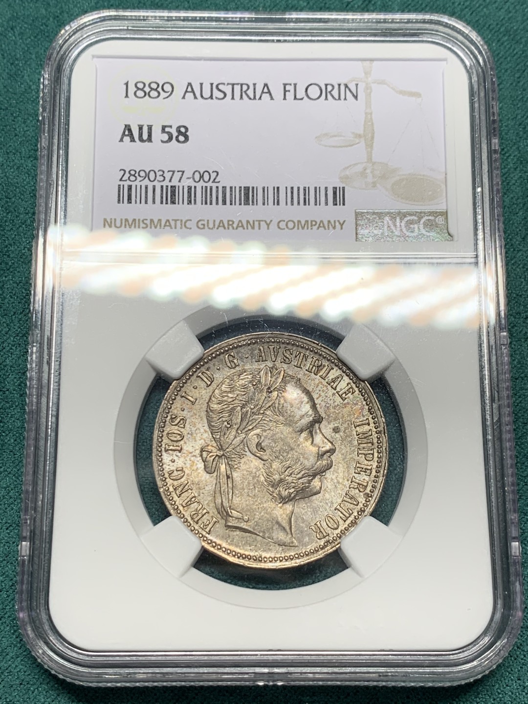 《竞宝斋》第147场-周日，周一 2场 (全场包邮) NGC-AU58 奥地利 1889年 弗朗茨1弗洛林银币 五彩好状态