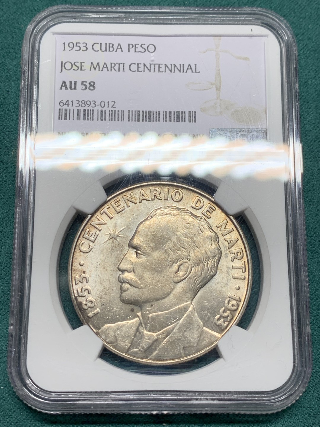 《竞宝斋》第147场-周日，周一 2场 (全场包邮) NGC-AU58 古巴1953年 马丁百年纪念 1比索大银币 原光好品