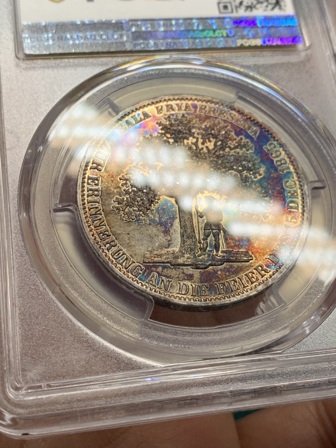 《竞宝斋》第147场-周日，周一 2场 (全场包邮) PCGS MS63 1865-b 汉诺威橡树泰勒银币 漂亮五彩包浆十分难得