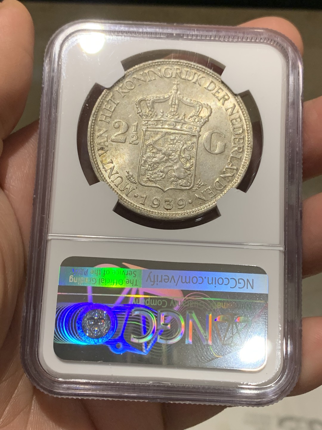 《竞宝斋》第147场-周日，周一 2场 (全场包邮) NGC-MS62 荷兰1939年 威廉米娜2.5盾大银币 原光好品