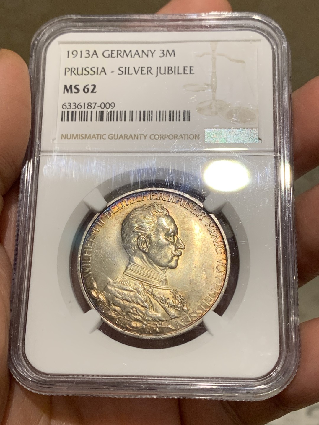 《竞宝斋》第147场-周日，周一 2场 (全场包邮) NGC-MS62 德国 1913年 3马克 银币 普鲁士 威廉二世军装版银币 金色包浆