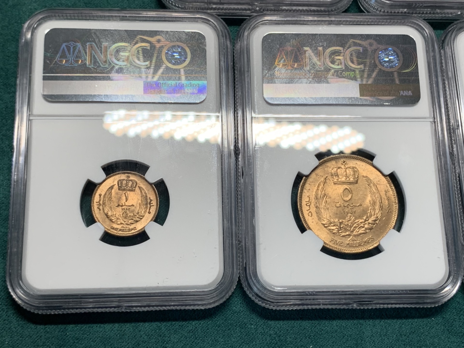 《竞宝斋》第147场-周日，周一 2场 (全场包邮) NGC MS64/65/65/64/64利比亚1952年伊德里斯一世清年版这个分数不用再换了可以压箱底了铜币铜光饱满镍币车轮光明显凑齐一套不容易