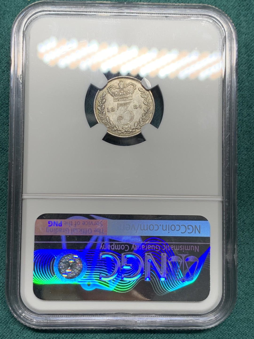 《竞宝斋》第147场-周日，周一 2场 (全场包邮) NGC MS 63 1884年英国小维3便士银币 五彩包浆状态好
