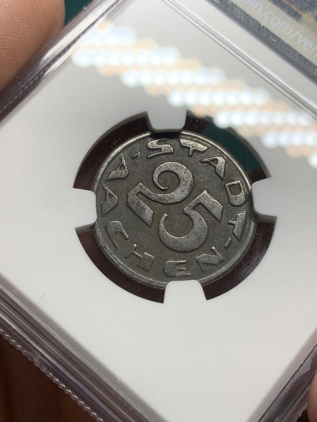 《竞宝斋》第147场-周日，周一 2场 (全场包邮) NGC-AU50 德国 1920年 紧急状态时期亚琛 无心狼  25芬尼 原味老包浆细节很棒 低评状态 稀少品种