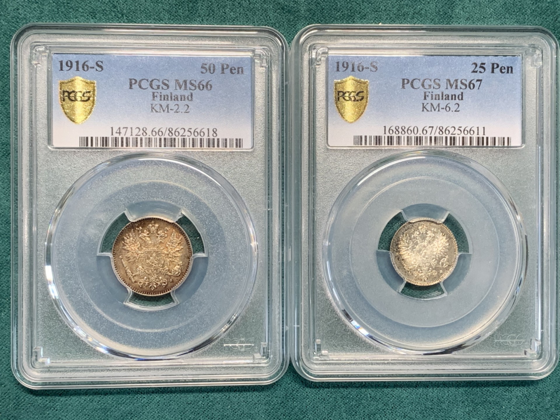 《竞宝斋》第147场-周日，周一 2场 (全场包邮) PCGS-MS67/MS66 冠军分/季军分 1916年 俄属芬兰25芬尼/50芬尼银币 2枚一对，皇冠双头鹰。高分炫彩，完美状态，拿一对直接毕业