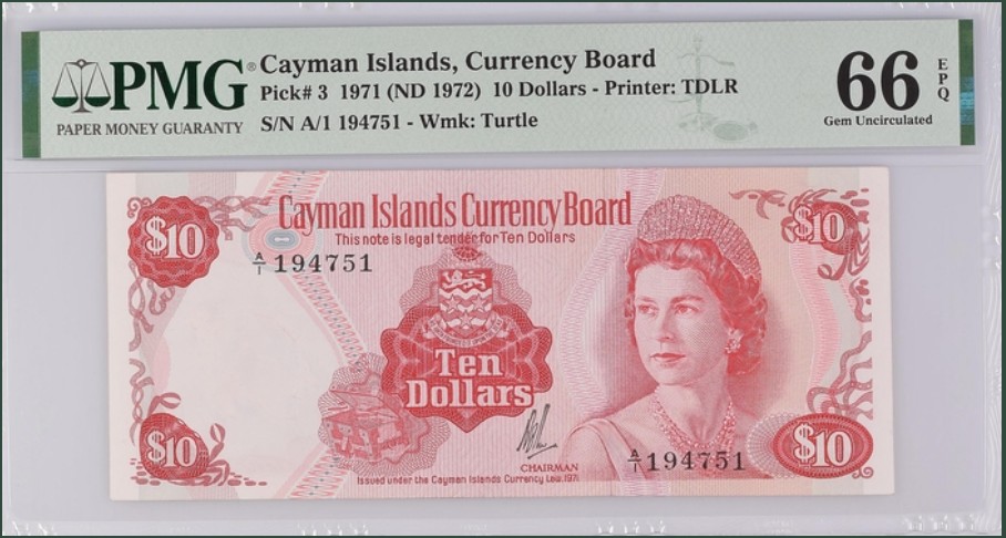 收藏联盟Quantum Auction 第244期拍卖  开曼群岛1971年10元 PMG66 首发A/1冠 注意年份和pick号 首次发行10元