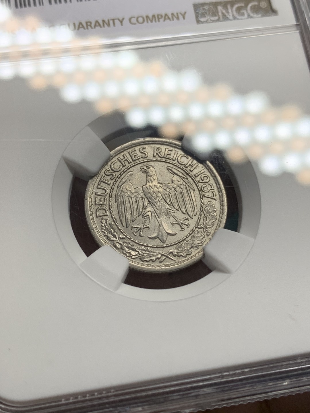 《竞宝斋》第147场-周日，周一 2场 (全场包邮) NGC-MS64 魏玛德国1937年50芬尼镍币，与坦克币等值流通