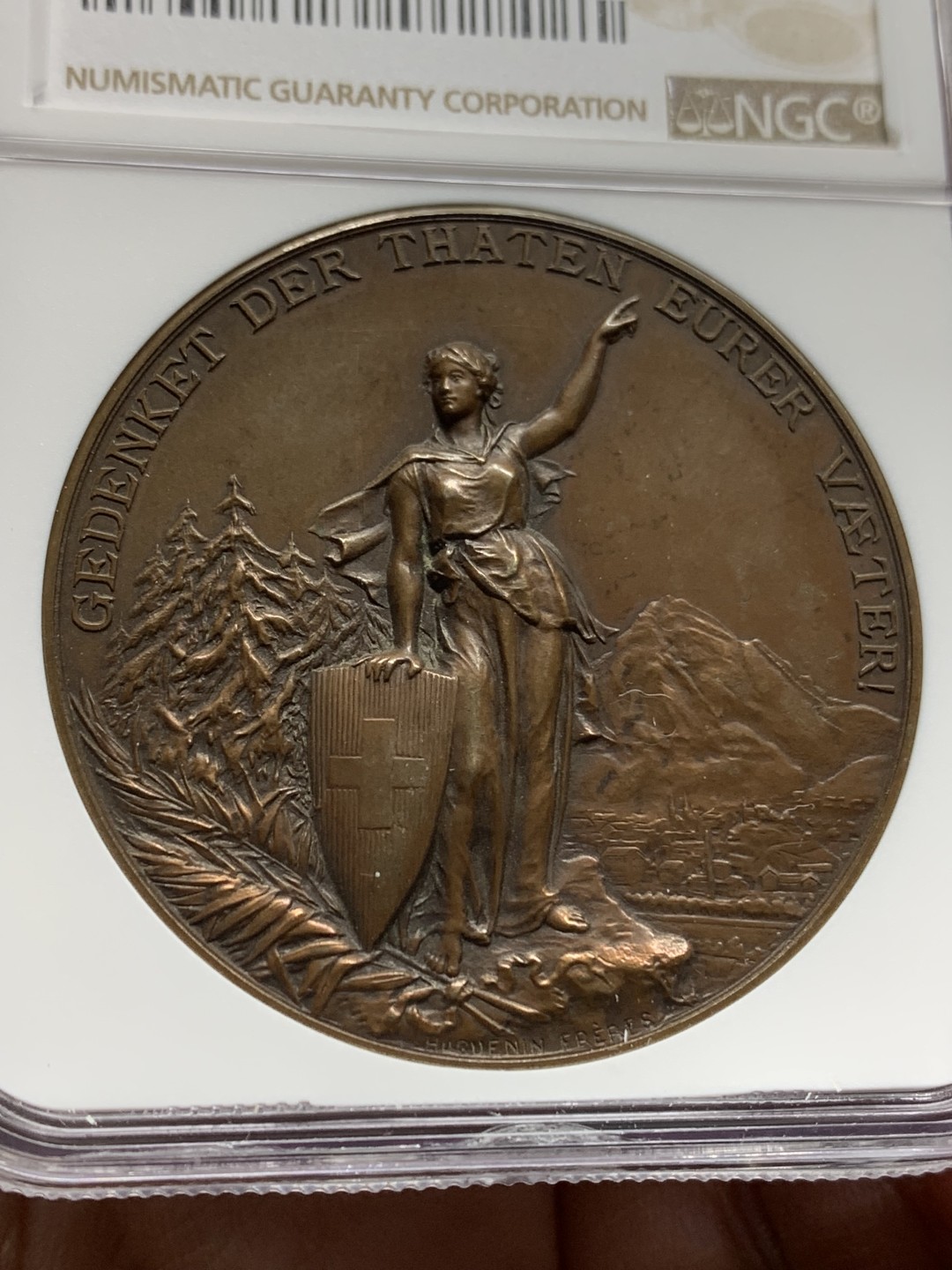 《竞宝斋》第147场-周日，周一 2场 (全场包邮) NGC MS63 1892年 瑞士格拉鲁斯射击节铜章 45mm直径 细节非常好