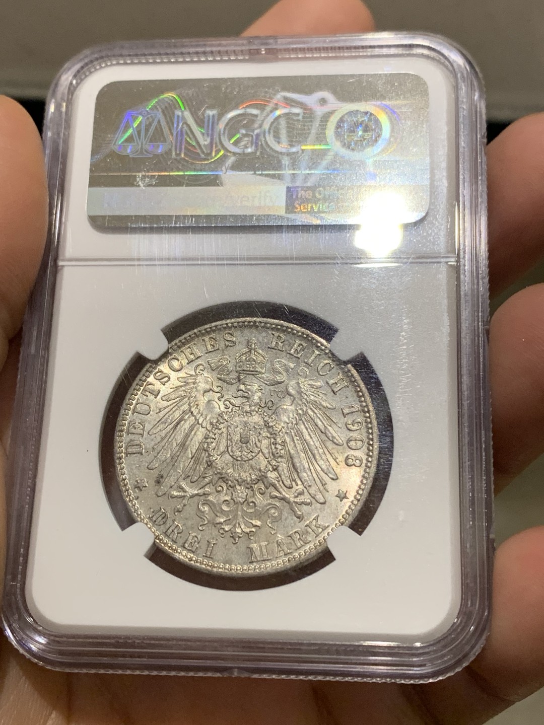 《竞宝斋》第147场-周日，周一 2场 (全场包邮) NGC-MS65 德国 1908年 汉堡3马克银币 顶级高分 转光美丽 一步到位