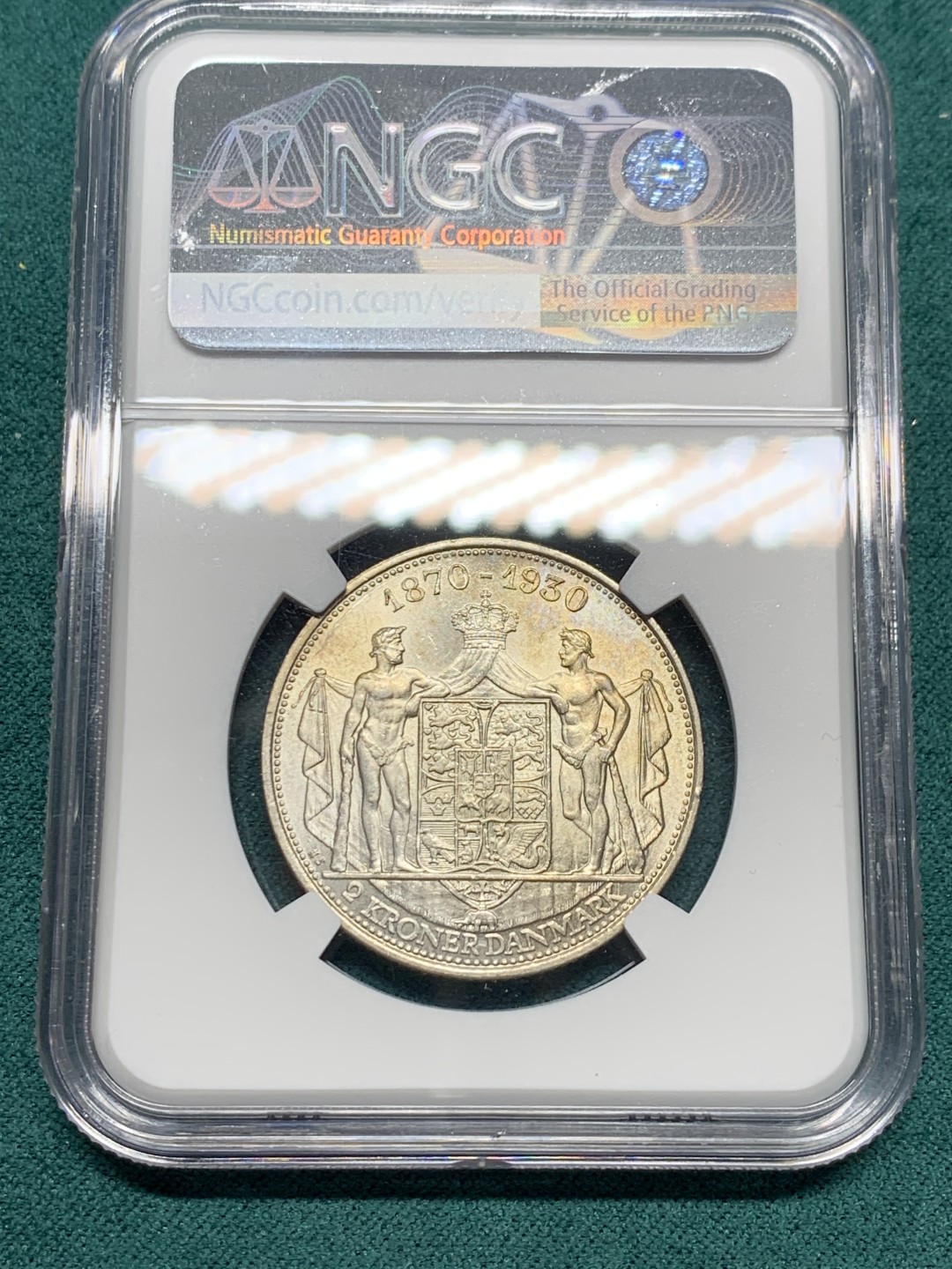 《竞宝斋》第147场-周日，周一 2场 (全场包邮) NGC MS62 丹麦 1930年 克里斯蒂安60岁生日 2克朗 银币
