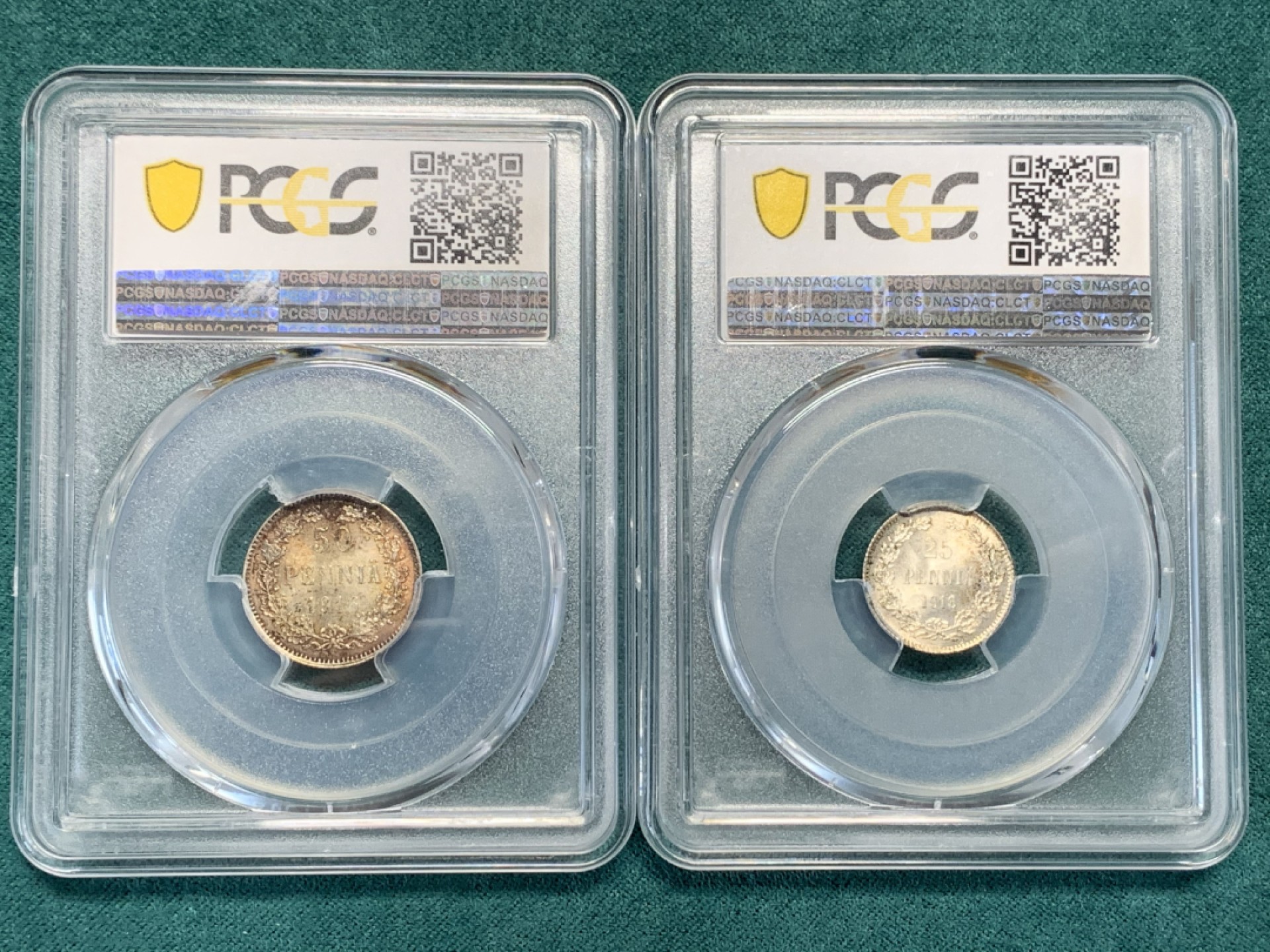 《竞宝斋》第147场-周日，周一 2场 (全场包邮) PCGS-MS67/MS66 冠军分/季军分 1916年 俄属芬兰25芬尼/50芬尼银币 2枚一对，皇冠双头鹰。高分炫彩，完美状态，拿一对直接毕业