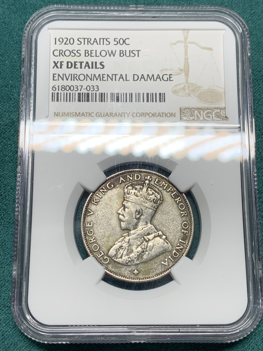 《竞宝斋》第147场-周日，周一 2场 (全场包邮) NGC XFD 1920英属海峡殖民地乔五50分银币，十字版