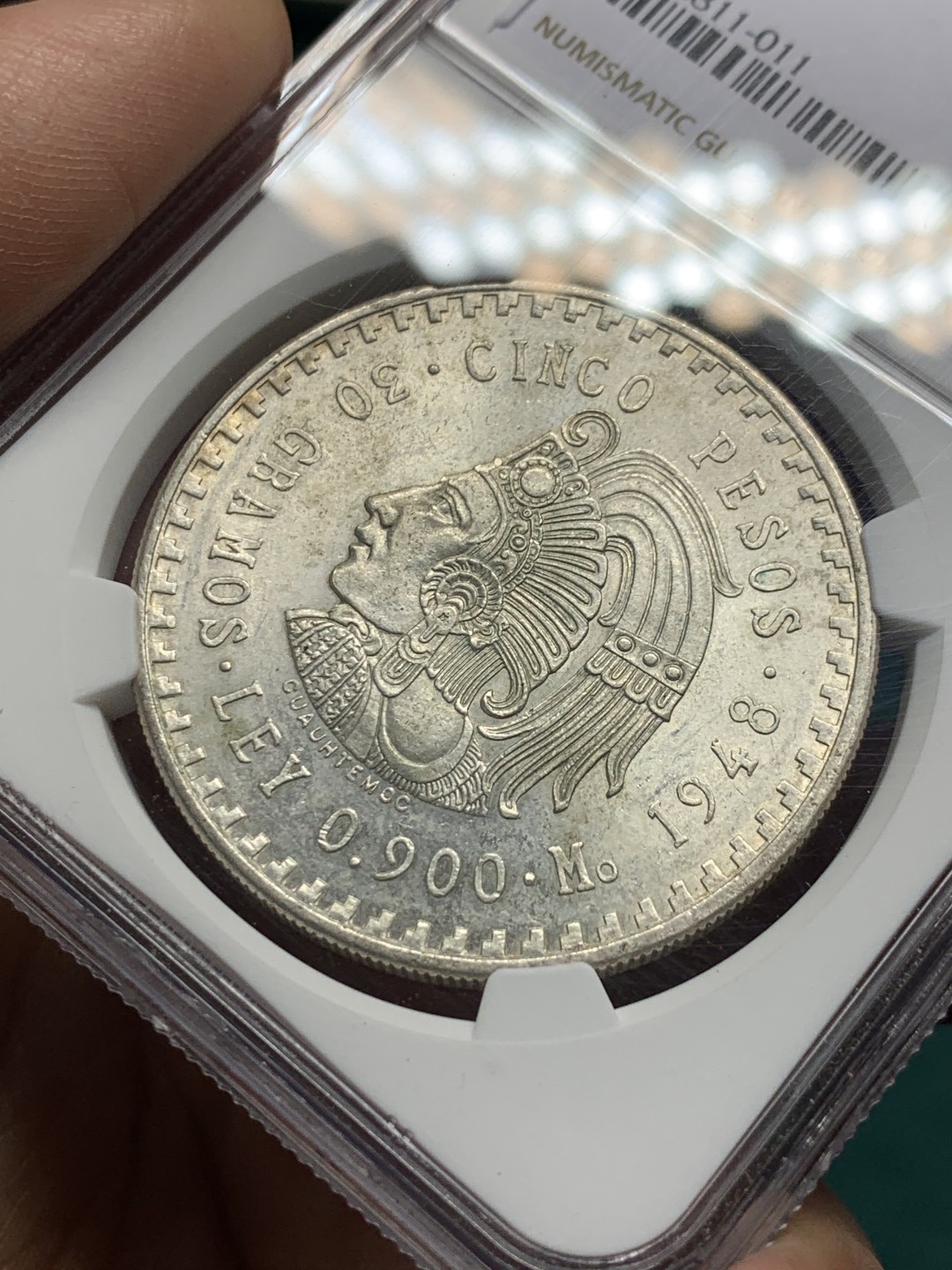 《竞宝斋》第147场-周日，周一 2场 (全场包邮) NGC-MS62 墨西哥1948年 印第安人5比索大银币 原光好品