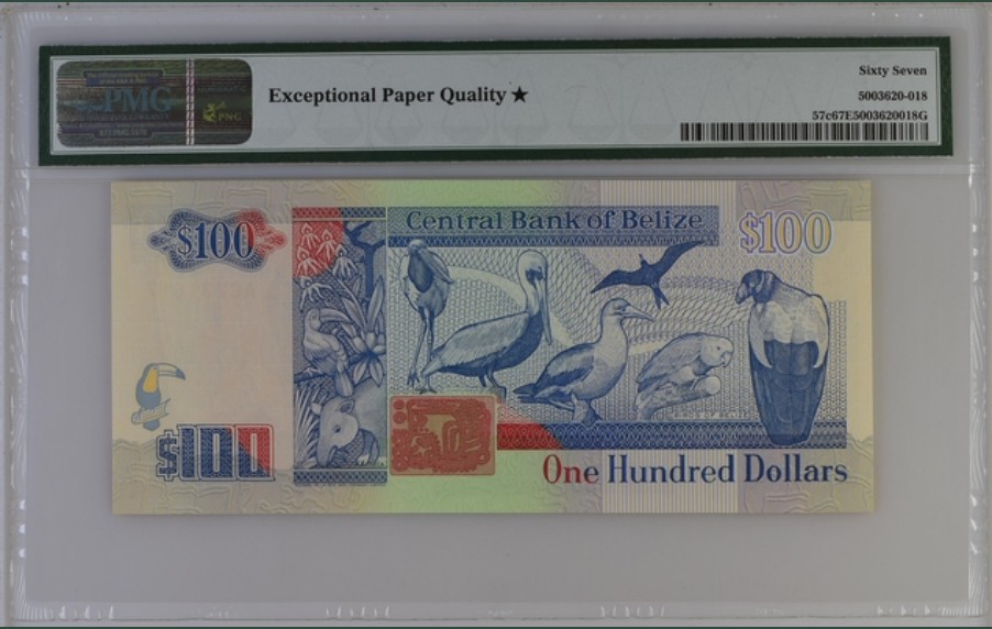 收藏联盟Quantum Auction 第244期拍卖  伯利兹1994年100元 PMG67 加星 唯一一张67 首发AA冠 大长条