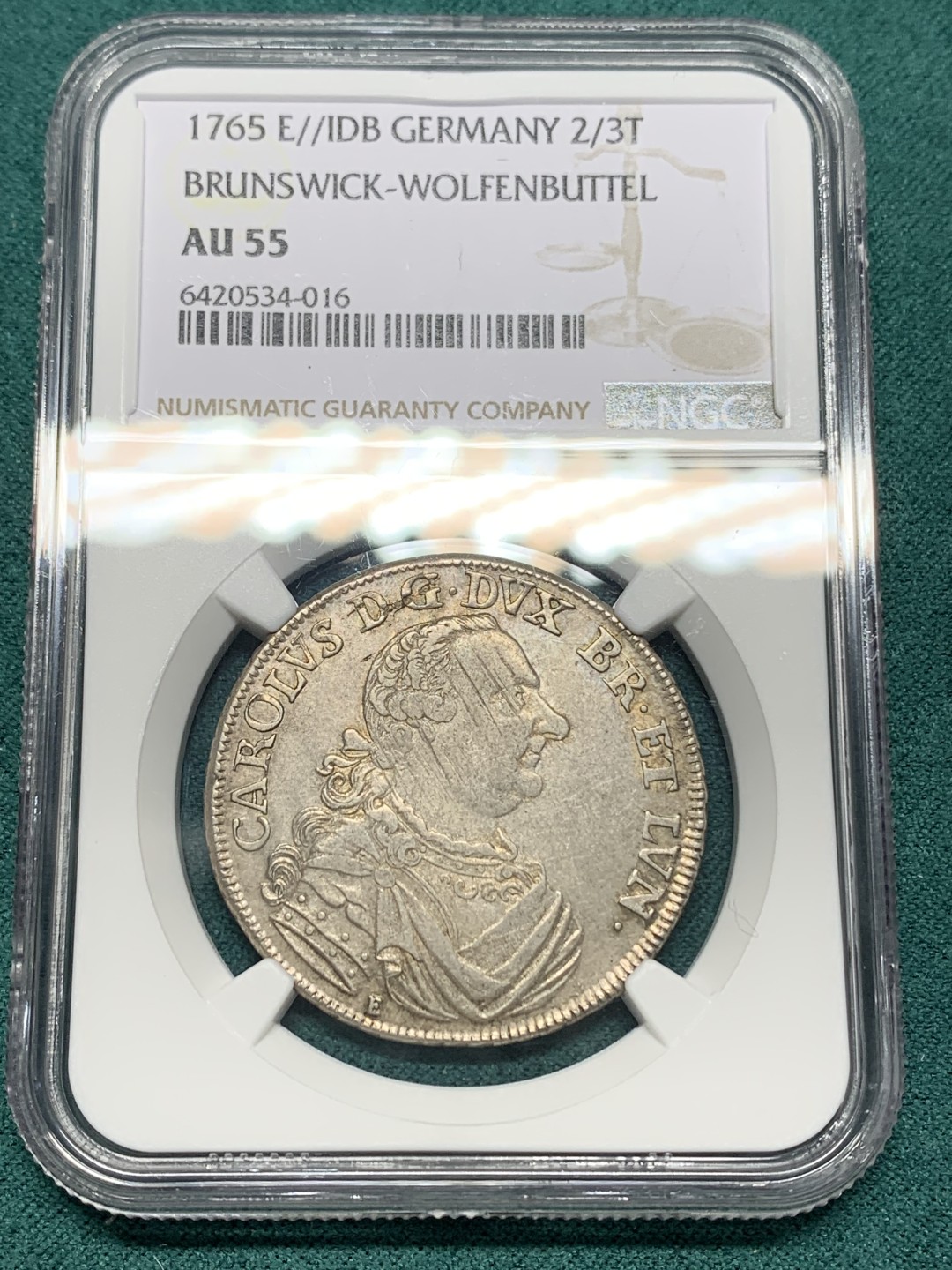 《竞宝斋》第147场-周日，周一 2场 (全场包邮) NGC-AU55第三名 德国布伦瑞克1765年奔马2/3泰勒银币