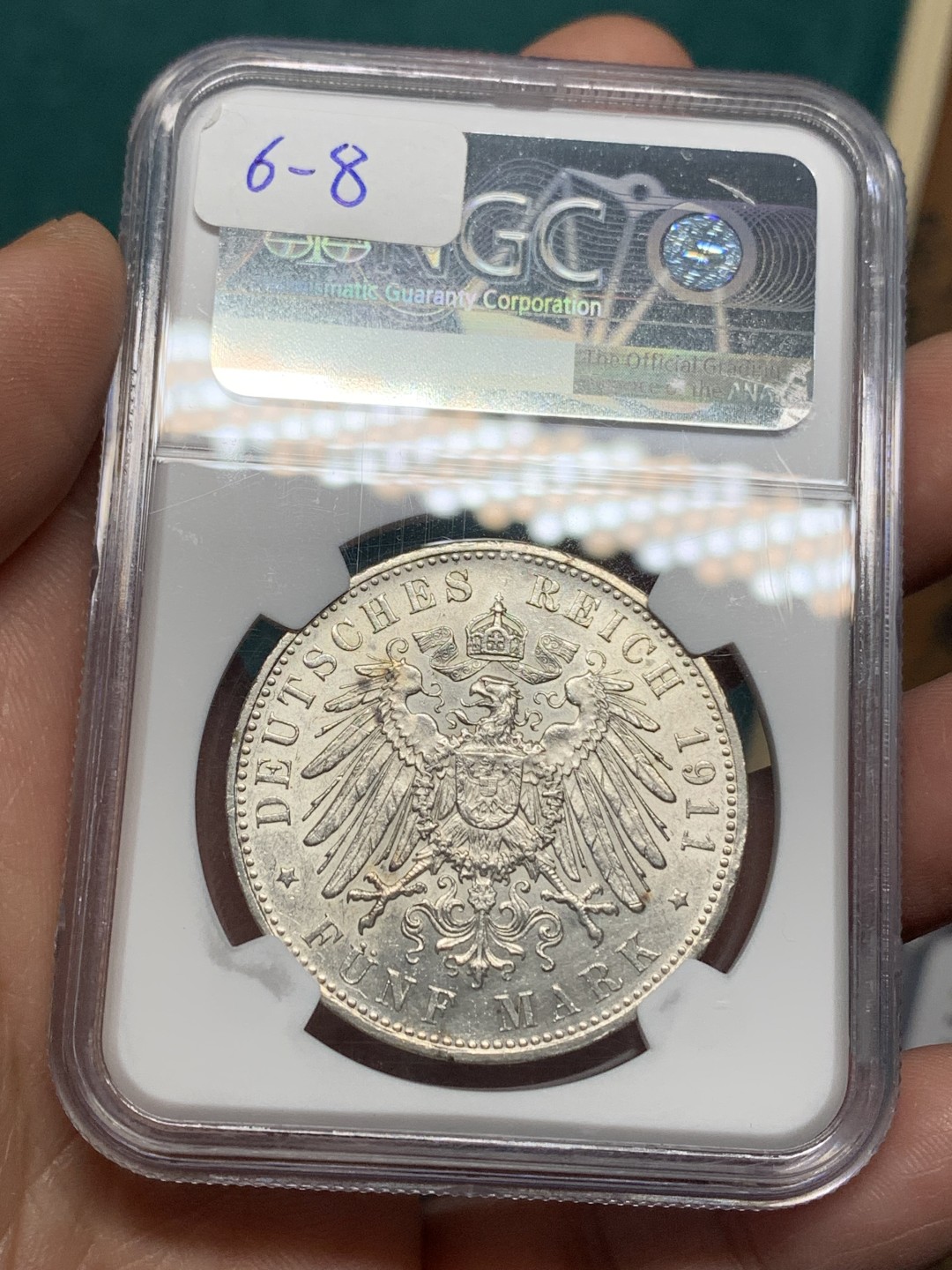 《竞宝斋》第147场-周日，周一 2场 (全场包邮) NGC-MS60 德国 1911年 5马克 银币 巴伐利亚 摄政王90大寿纪念大银币 少见分数