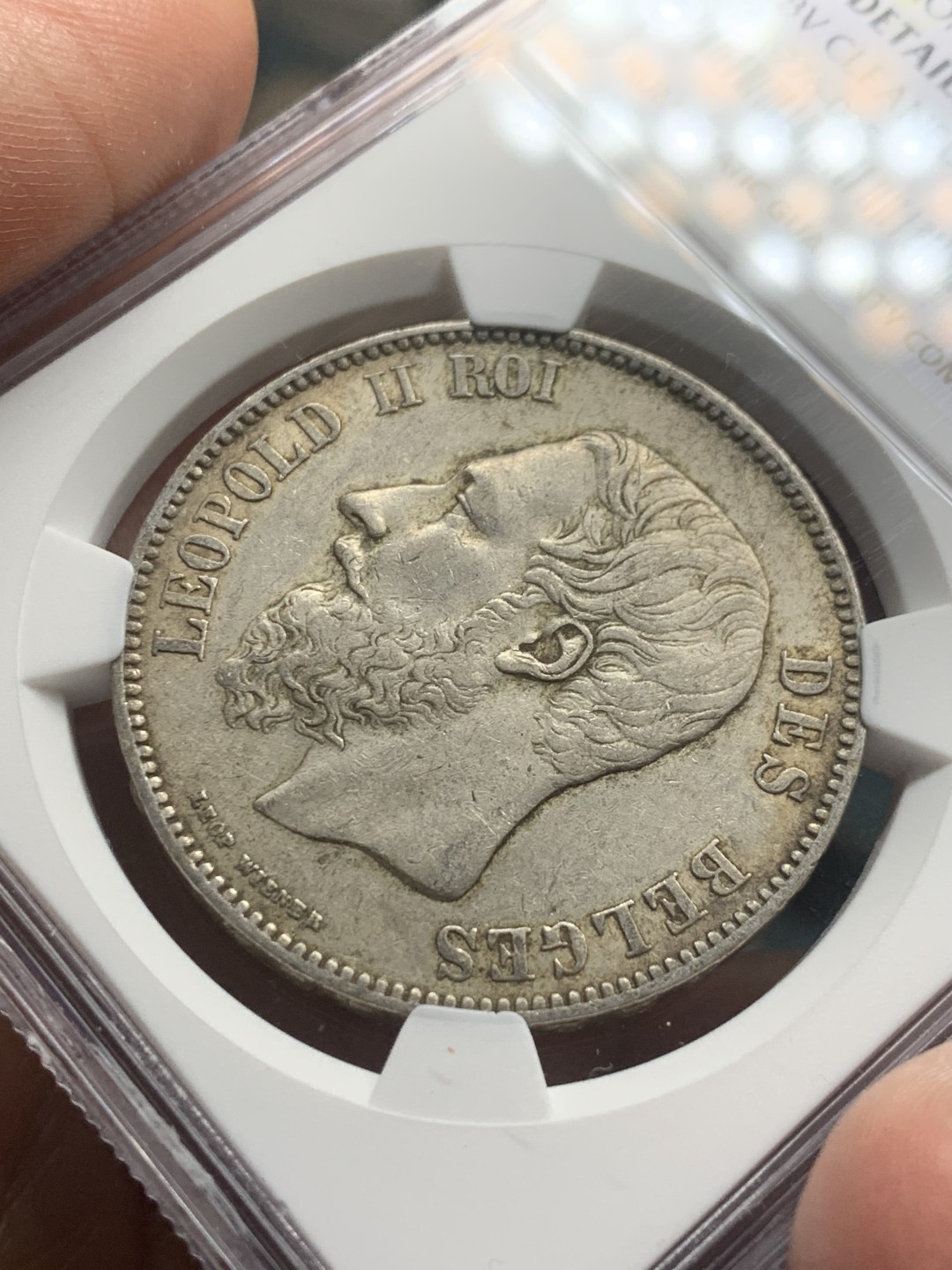 《竞宝斋》第147场-周日，周一 2场 (全场包邮) NGC AUD 比利时 1873年 利奥波德二世 5法郎银币 原味包浆 没有清洗痕迹