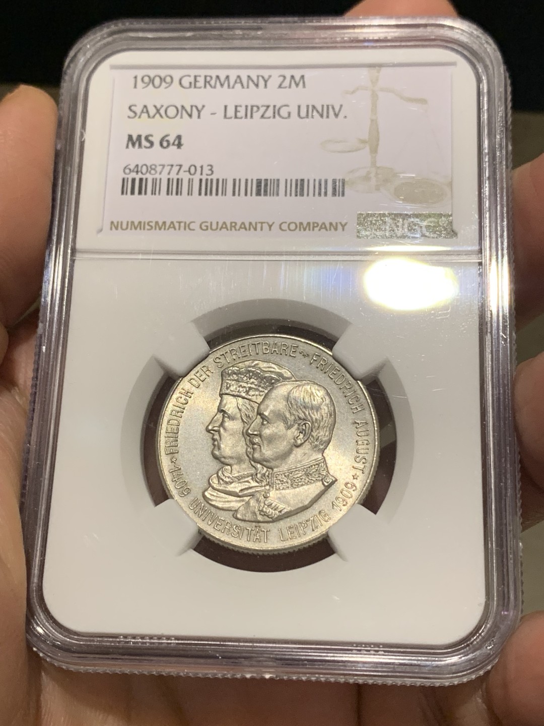 《竞宝斋》第147场-周日，周一 2场 (全场包邮) NGC-MS64 德国1909年 莱比锡大学2马克银币 顶级好品