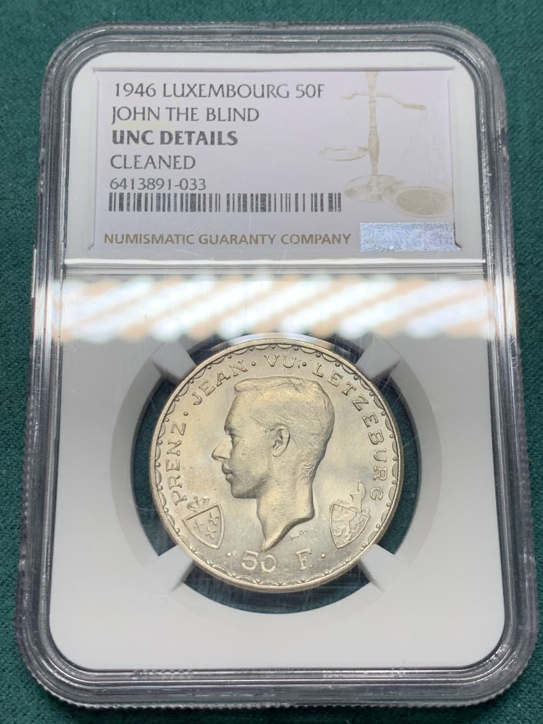 《竞宝斋》第147场-周日，周一 2场 (全场包邮) NGC-UNC 卢森堡1946年 马剑50法郎银币 顶级好品 这个没给分太可惜了