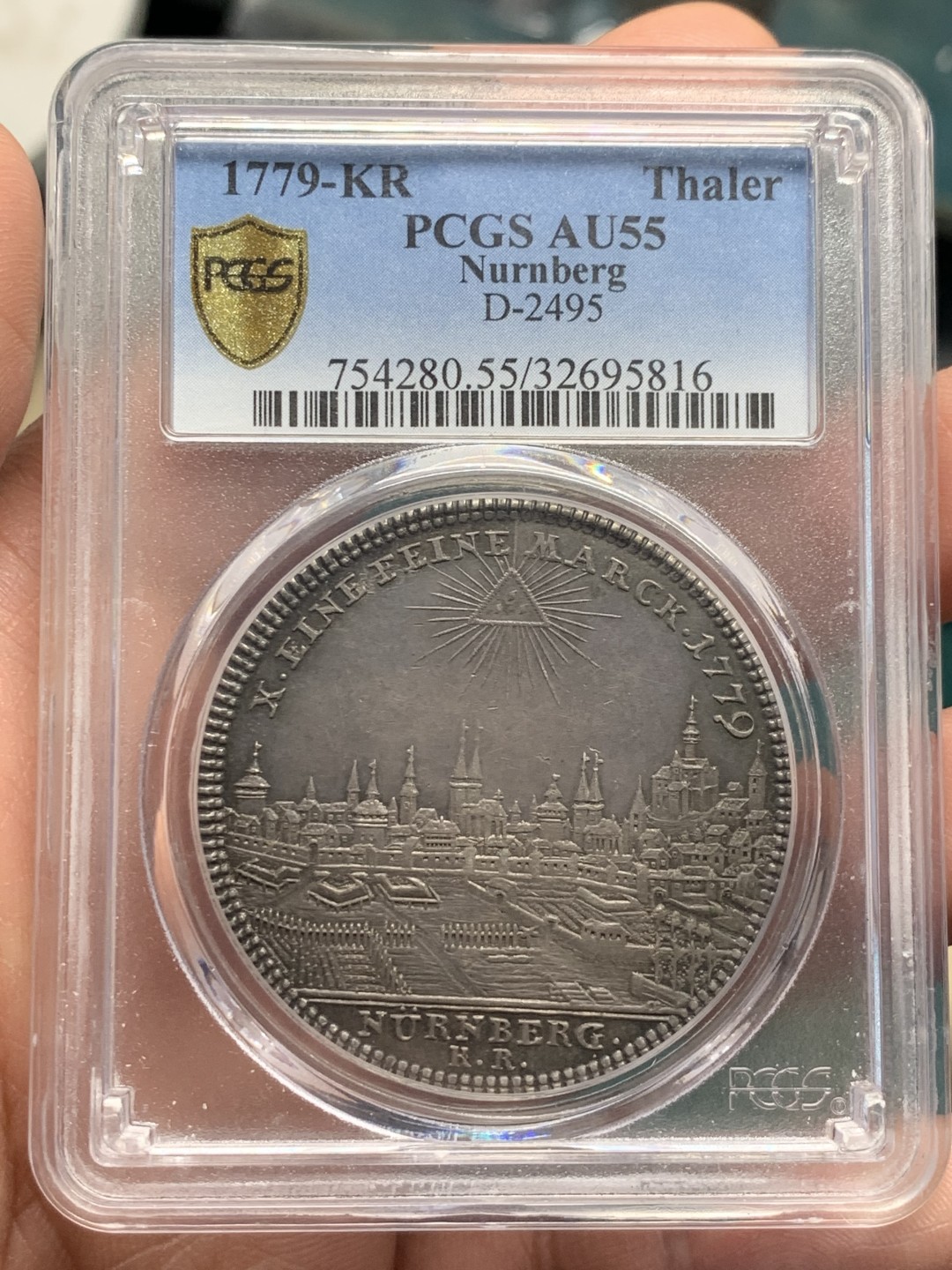 《竞宝斋》第147场-周日，周一 2场 (全场包邮) PCGS-AU55 德国 1779年 神罗纽伦堡景观泰勒大银币 经典品种 细节不错