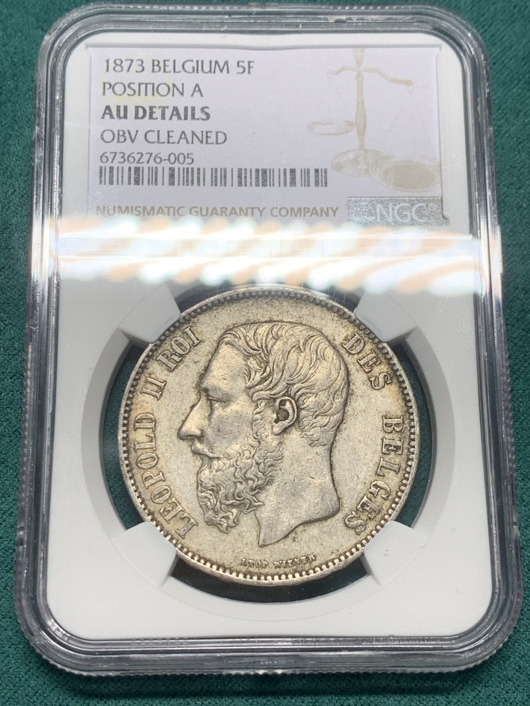 《竞宝斋》第147场-周日，周一 2场 (全场包邮) NGC AUD 比利时 1873年 利奥波德二世 5法郎银币 原味包浆 没有清洗痕迹