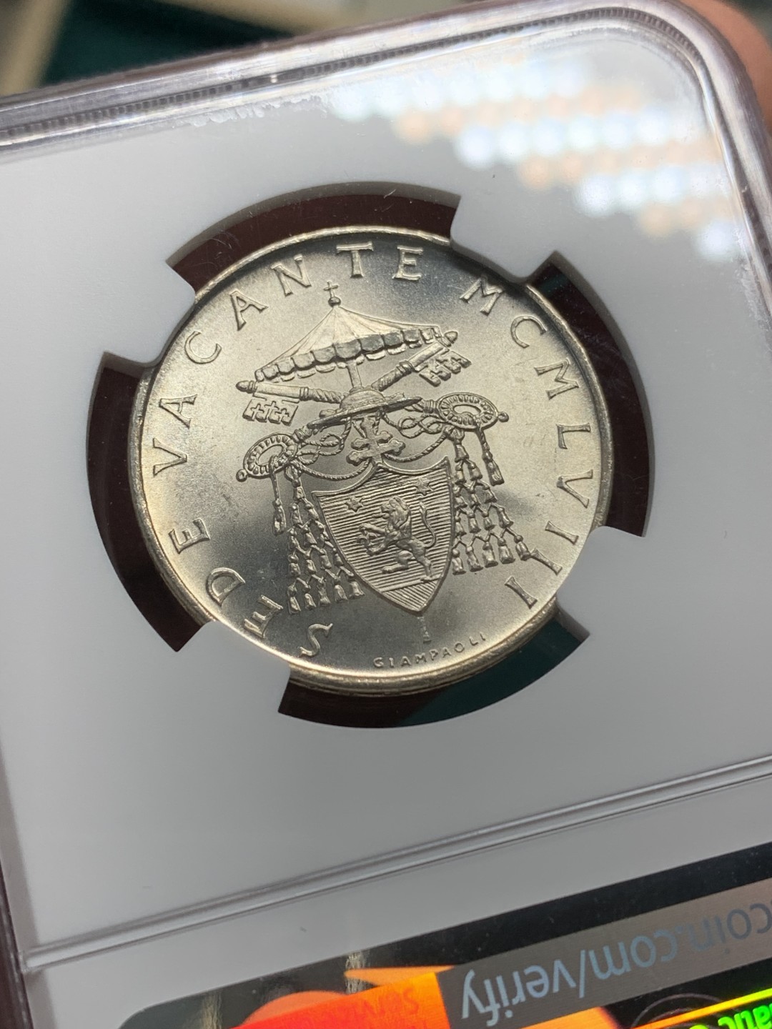 《竞宝斋》第147场-周日，周一 2场 (全场包邮) NGC-MS65 梵蒂冈1958年500里拉宗教缺位银币，高分品种