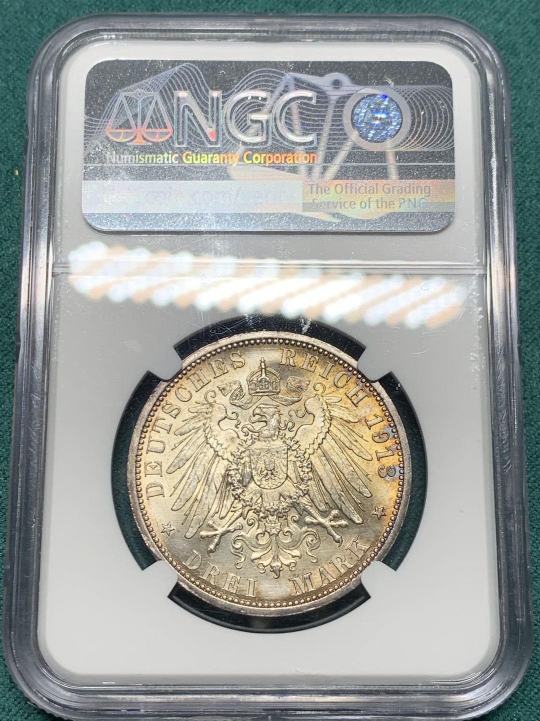 《竞宝斋》第147场-周日，周一 2场 (全场包邮) NGC-MS62 德国 1913年 3马克 银币 普鲁士 威廉二世军装版银币 金色包浆