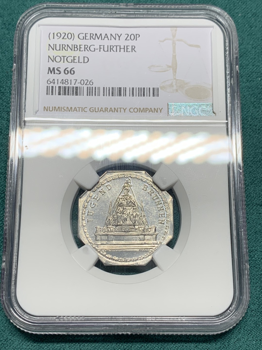 《竞宝斋》第147场-周日，周一 2场 (全场包邮) NGC MS66 德国 纽伦堡 1920年 紧急状态币 20盆尼 状态不错