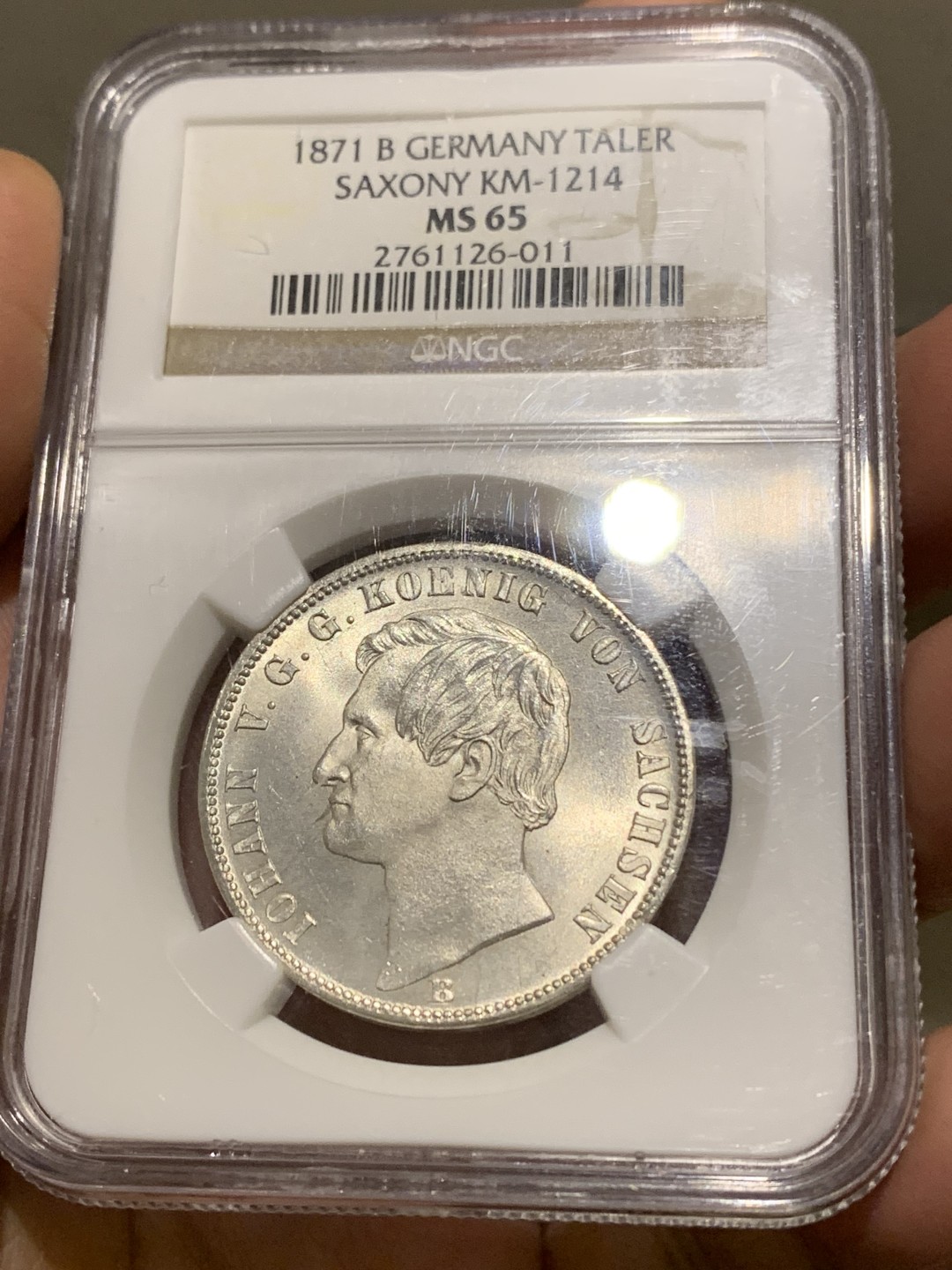 《竞宝斋》第147场-周日，周一 2场 (全场包邮) 高分收藏级！NGC-MS65 德国 1871B 萨克森双狮1泰勒银币 霜光冷峻 细节完美 十字转光 真正GEM级别