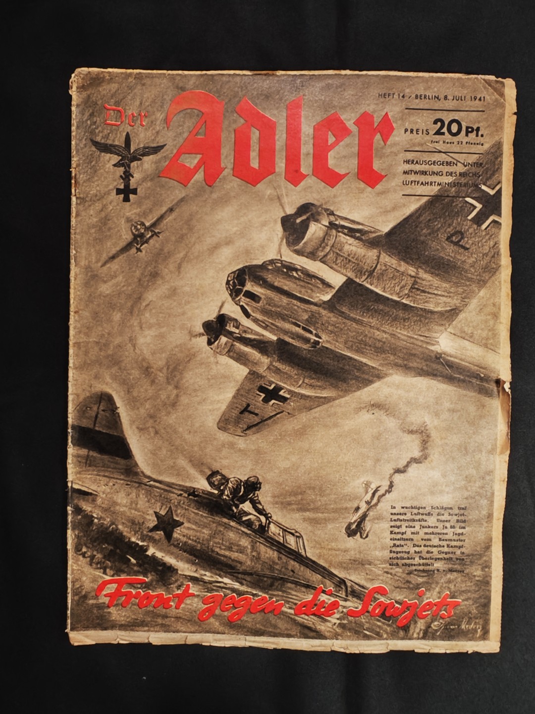 世界精品徽章拍卖-第二场 德三空军《Adler》杂志，1941年7月8日刊发，很特殊的一期，介绍了空军在巴巴罗萨计划中的行动，以及空降克里特的战斗