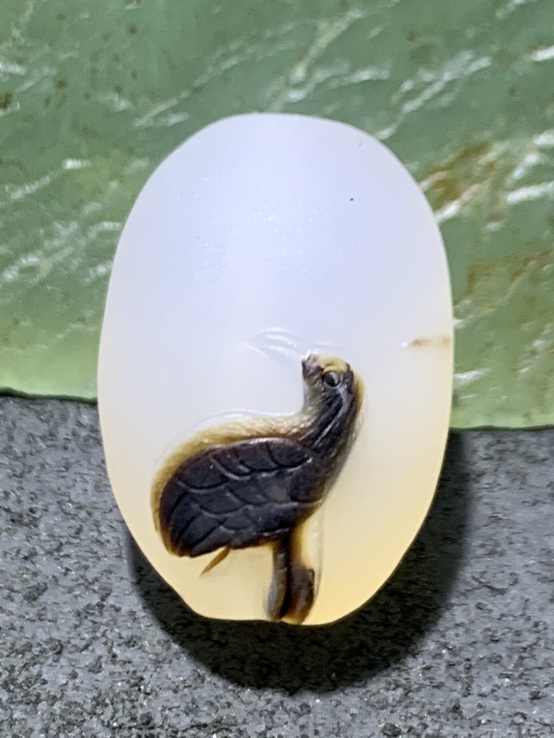 精美亚光高玉化海洋玉髓手工俏色巧雕仙鹤桶珠一个！