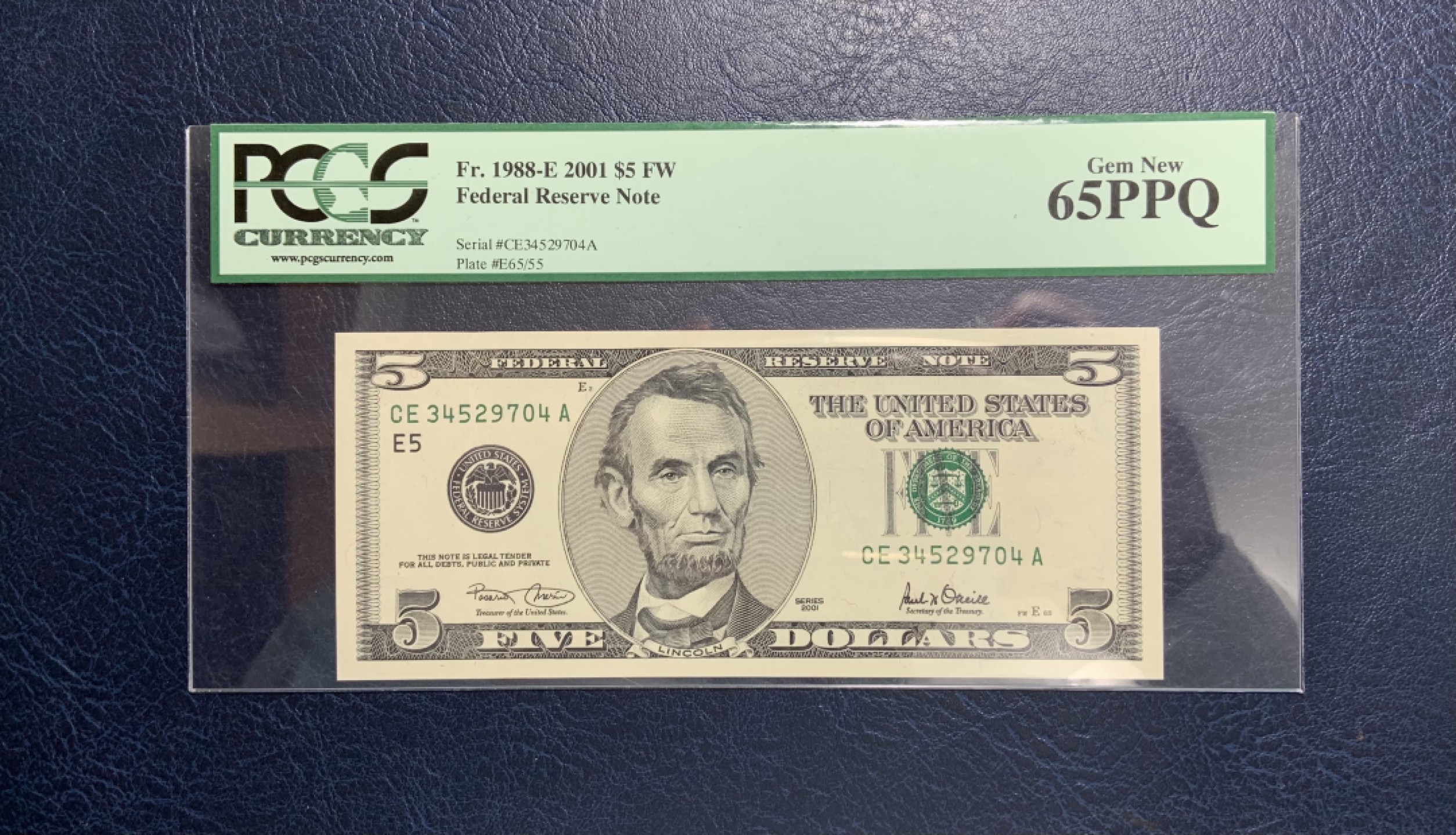 收藏联盟Quantum Auction 第244期拍卖  美国联邦储备券2001年5元 PCGS65 大头美金 流通时间短