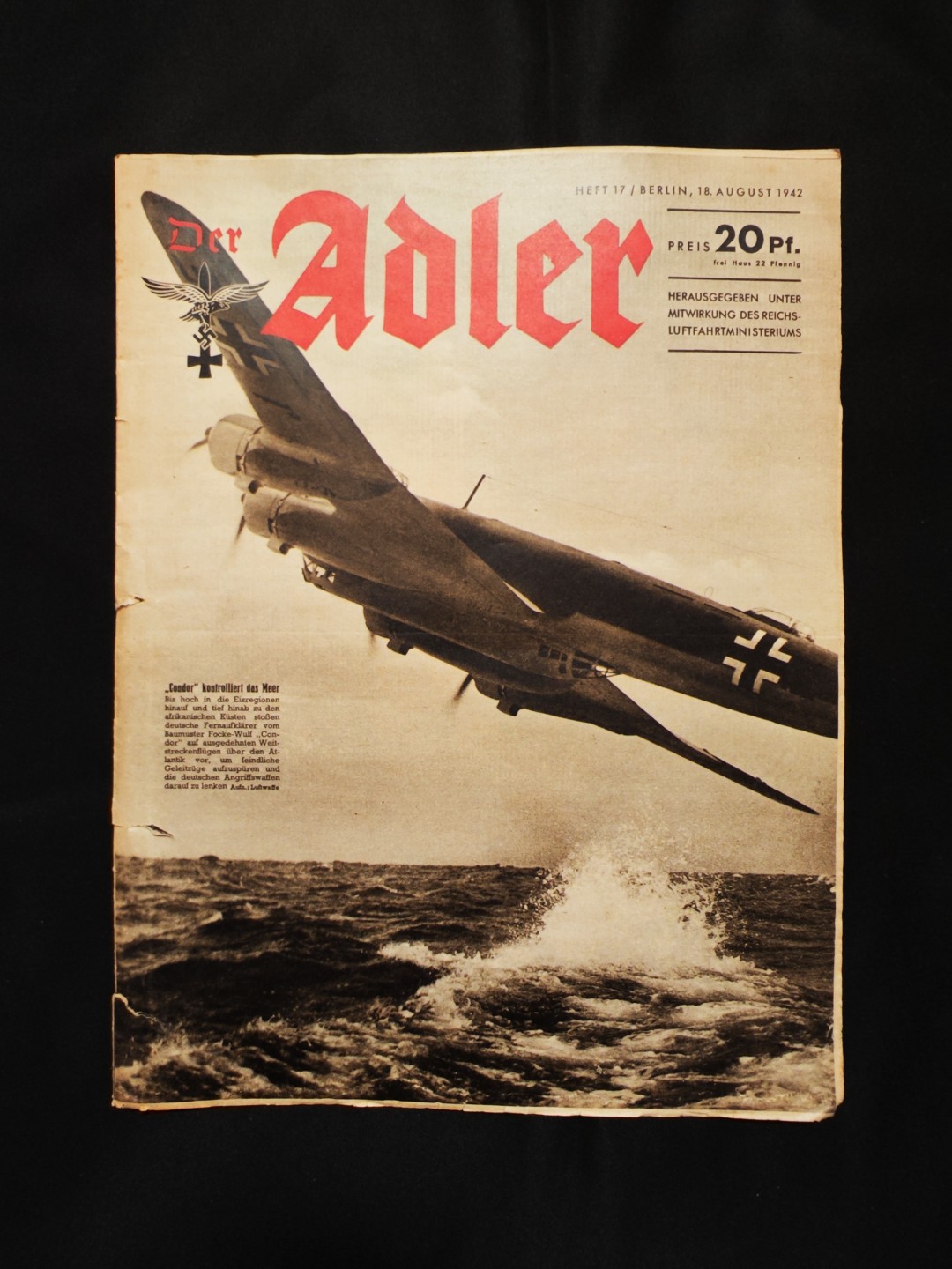 世界精品徽章拍卖-第二场 德三空军《Adler》杂志，1942年8月18日发行，介绍了空军的斯图卡部队，以及Bf-109部队